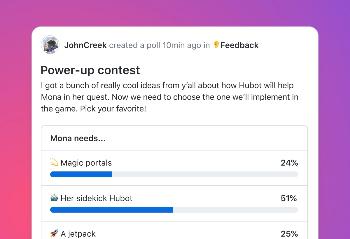 Screenshot of a GitHub poll created by JohnCreek titled 'Power-up contest.' The poll asks participants to choose their favorite power-up idea for Mona in a game. The poll is part of a discussion in the 'Feedback' category, and the background features a gradient from pink to purple.